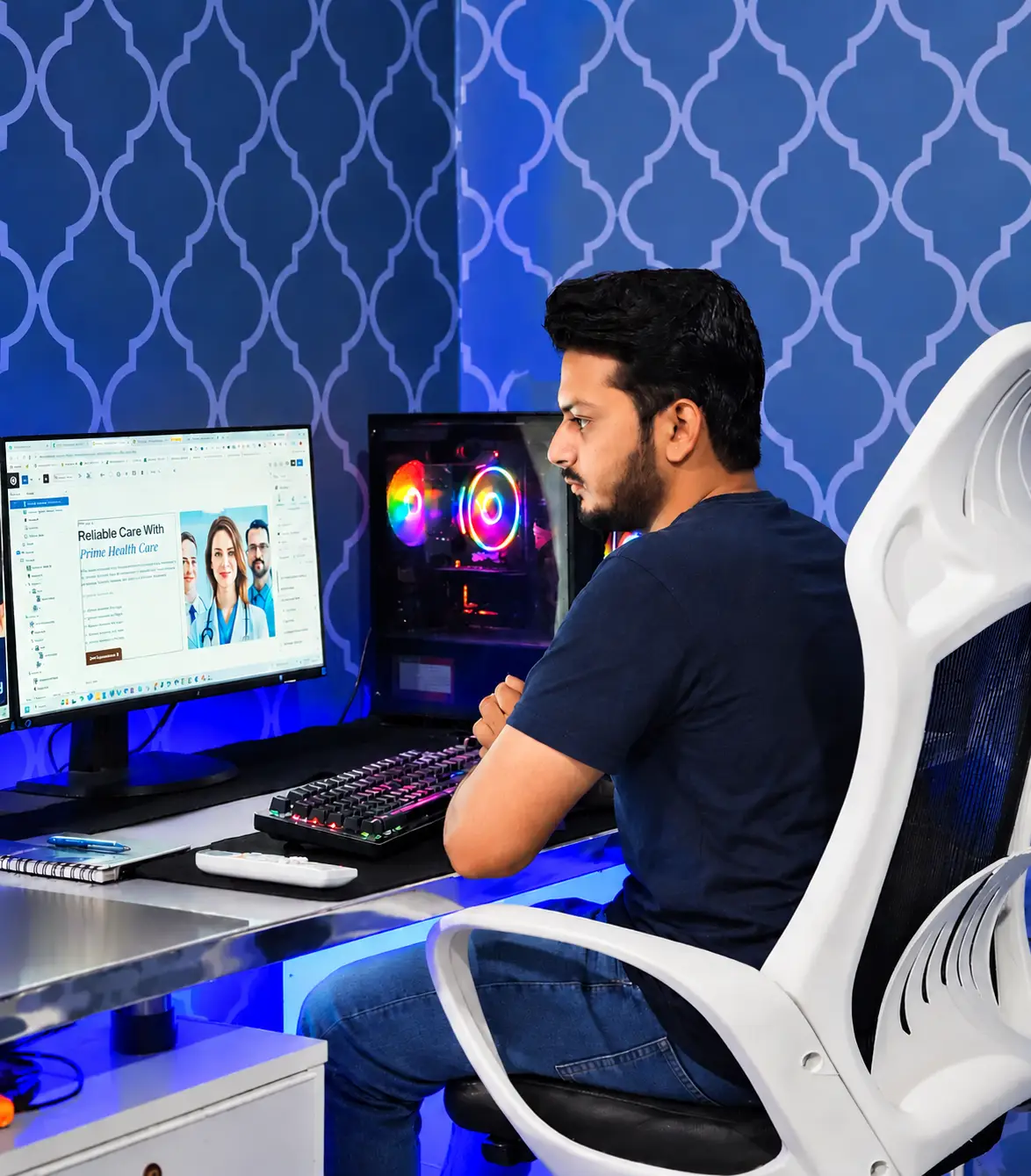 Muzammil at his desk, building a client website